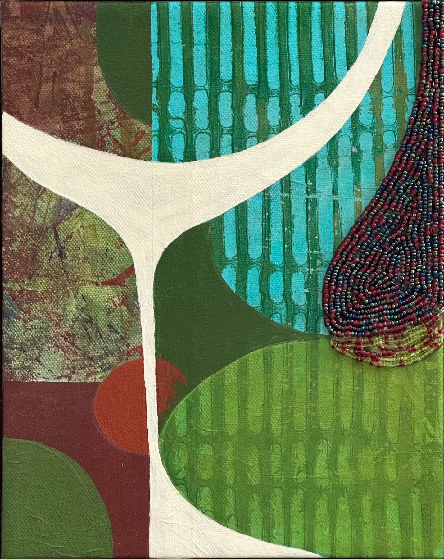 House Blend — Acrylic, paper collage and beads on canvas · 8 × 10 in — Jyotsna Ambarukhana