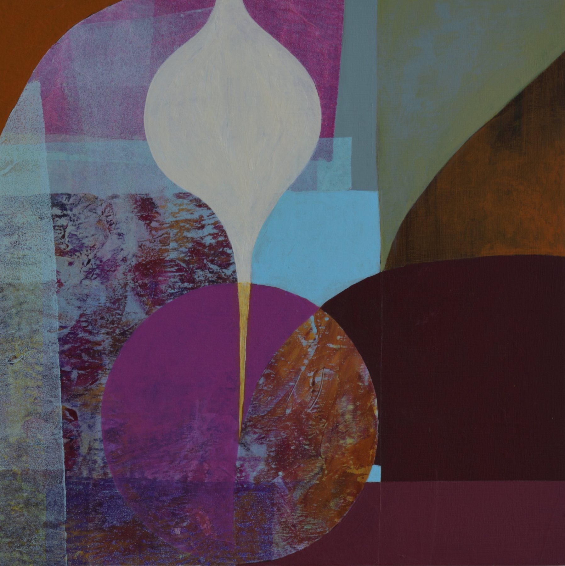 May Contain Traces of… — Acrylic and paper collage on wood panel · 12 × 12 in — Jyotsna Ambarukhana