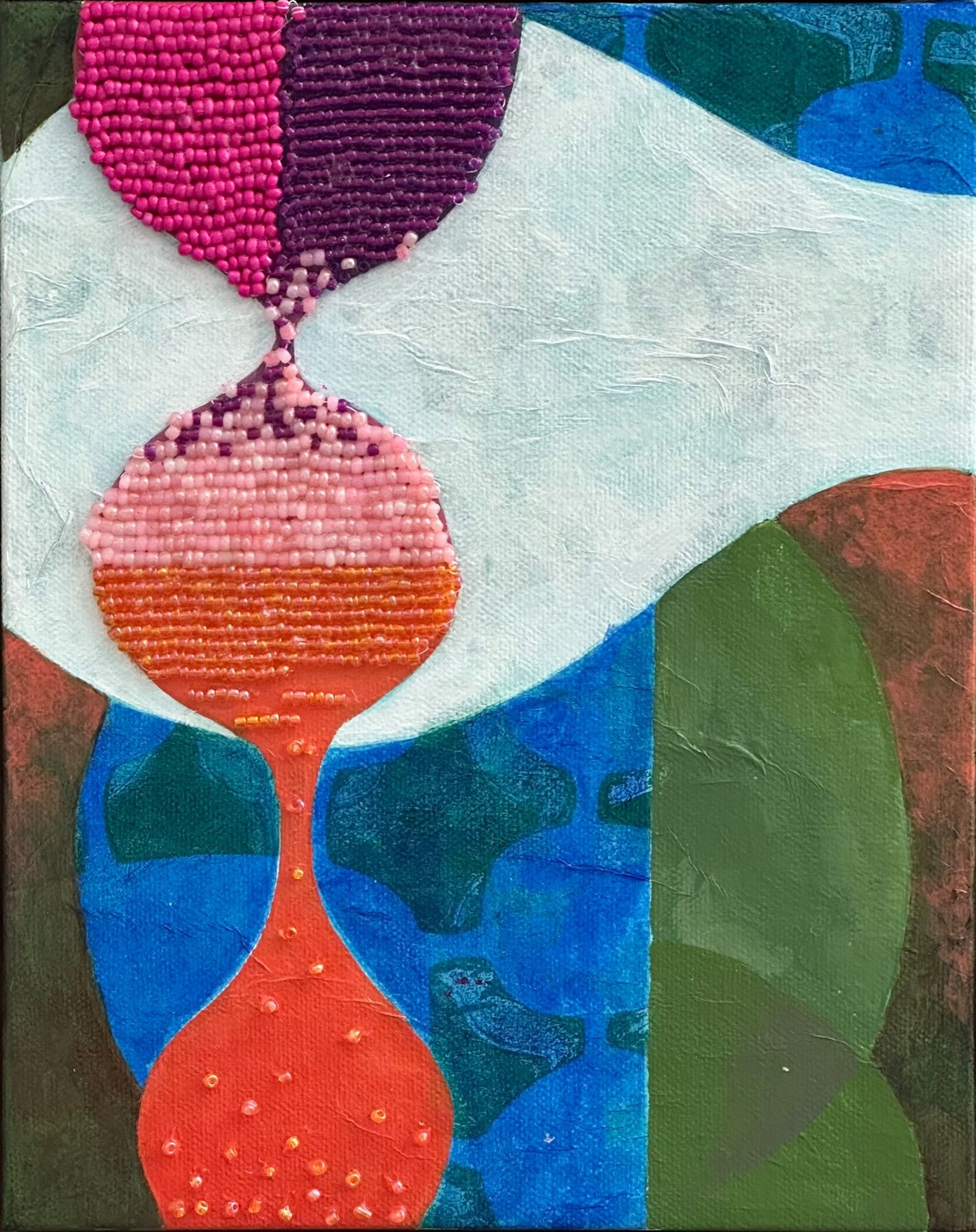 For Here or To Go? — Acrylic, paper collage and beads on canvas · 8 × 10 in — Jyotsna Ambarukhana