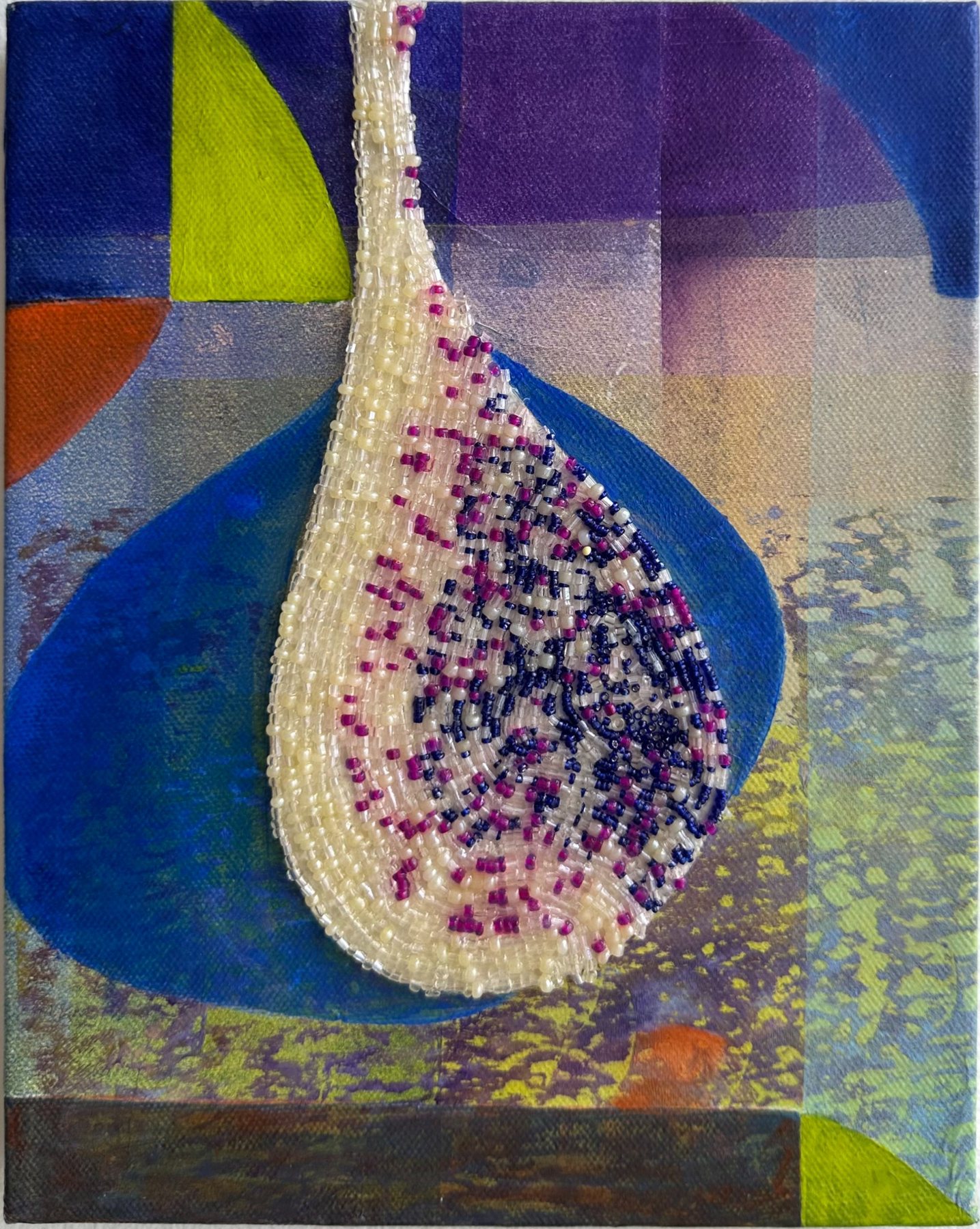 Long Story Short — Acrylic, paper collage and beads on canvas · 8 × 10 in — Jyotsna Ambarukhana